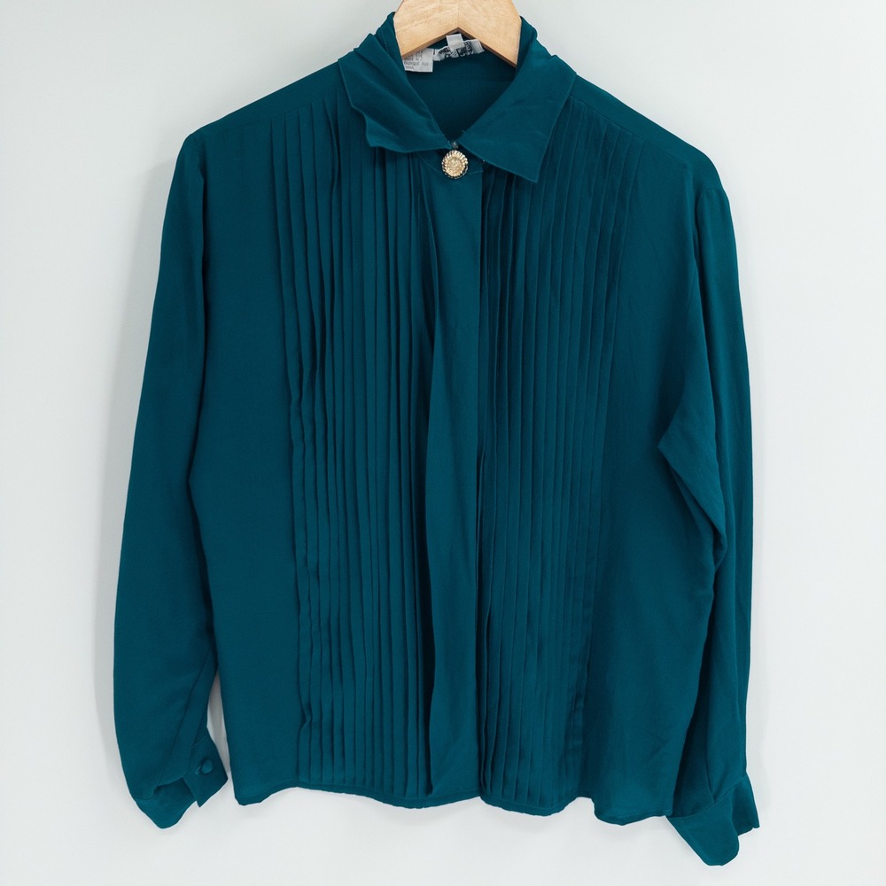 Vintage 90s Silk Blouse Women 12 Teal Blue Pleated Indie Dark Academia Jewel